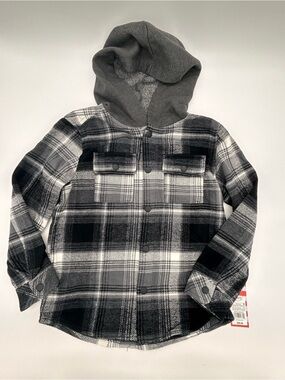 Target Kids Black & Gray Plaid Hooded Button-Down Shirt Size Small (6/7)